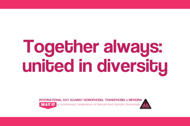 Text in dark pink reads: "Together always: united in diversity". The IDAHOBIT logo sits at the bottom centre of the image