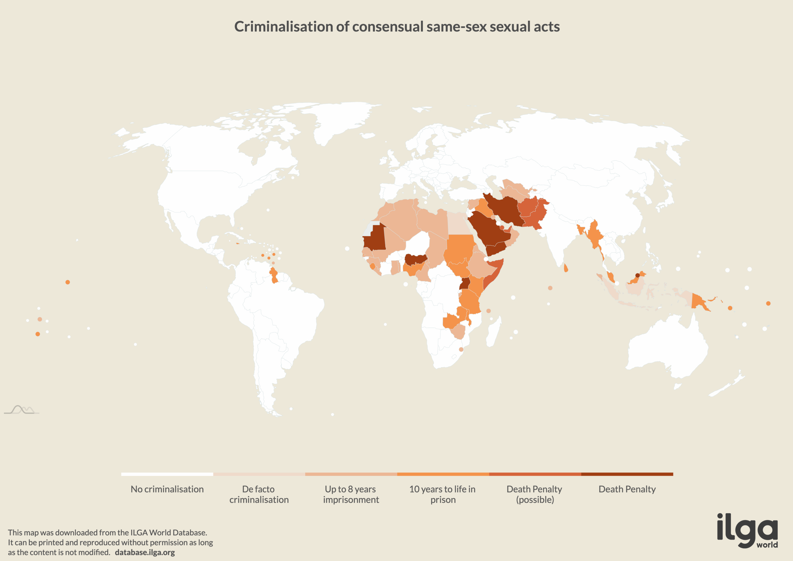 ILGA World map of countries criminalising LGBT and gender diverse persons for consensual same-sex sexual acts (May 2025)