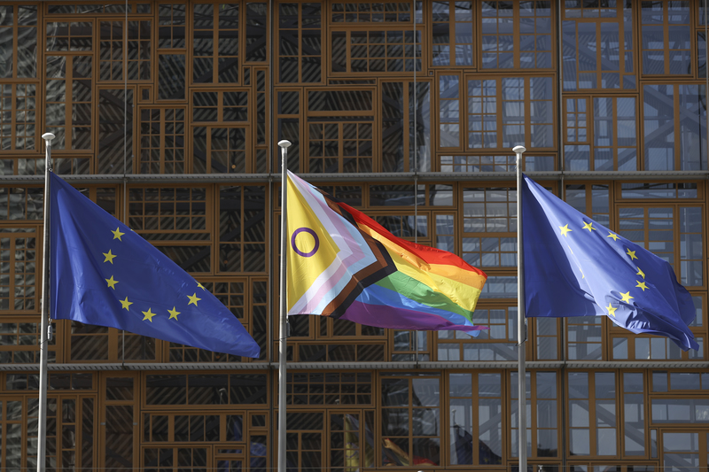 Flags in front of Europa building, Brussels, Belgium